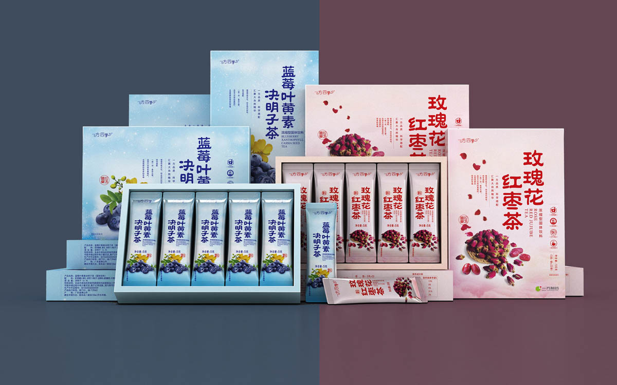 写实风格时尚果茶包装设计，固体饮料包装设计公司,上海包装设计公司-玫瑰花红枣茶包装设计|蓝莓叶黄素决明子茶包装设计